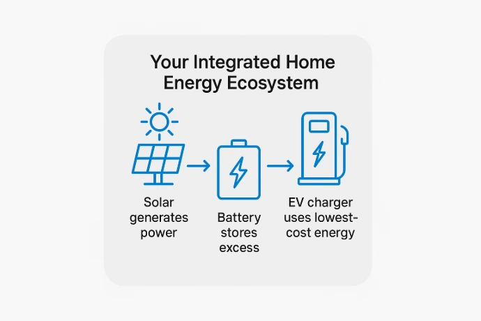 Flow diagram of solar, batteries and ev charging